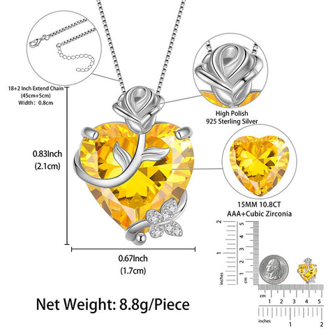 Collar de corazón rosa de 15 mm para mujer, piedra de nacimiento, plata de ley 925, colgante de flor de mariposa, joyería para niña, regalo de cumpleaños para madre