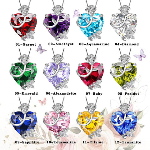 Collar de corazón rosa de 15 mm para mujer, piedra de nacimiento, plata de ley 925, colgante de flor de mariposa, joyería para niña, regalo de cumpleaños para madre