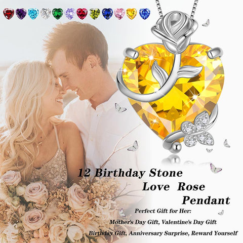 Collar de corazón rosa de 15 mm para mujer, piedra de nacimiento, plata de ley 925, colgante de flor de mariposa, joyería para niña, regalo de cumpleaños para madre