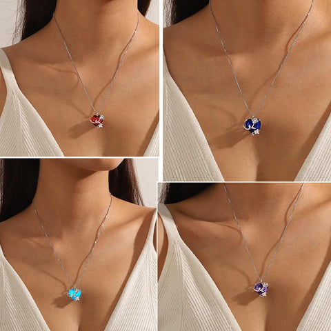 Collar de corazón rosa de 15 mm para mujer, piedra de nacimiento, plata de ley 925, colgante de flor de mariposa, joyería para niña, regalo de cumpleaños para madre