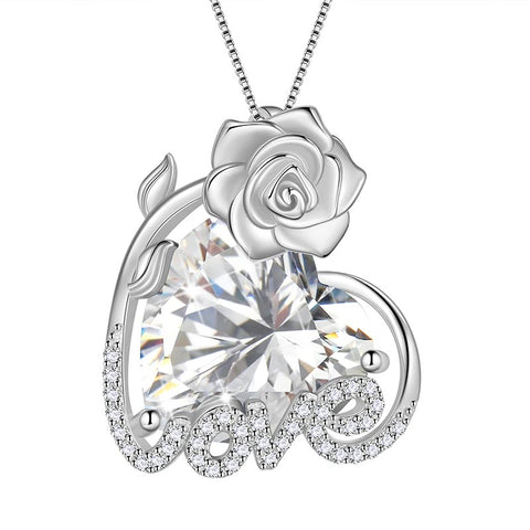 Collana da donna con rosa da 15 mm, con cuore in pietra portafortuna, in argento sterling 925, con ciondolo, regalo per ragazze
