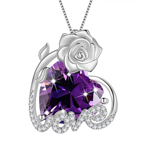 Collana da donna con rosa da 15 mm, con cuore in pietra portafortuna, in argento sterling 925, con ciondolo, regalo per ragazze