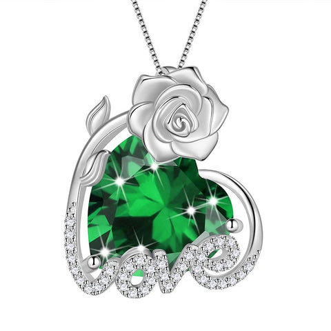 Collana da donna con rosa da 15 mm, con cuore in pietra portafortuna, in argento sterling 925, con ciondolo, regalo per ragazze