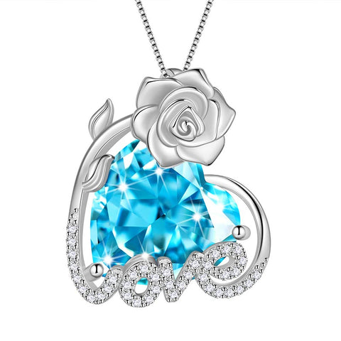 Collana da donna con rosa da 15 mm, con cuore in pietra portafortuna, in argento sterling 925, con ciondolo, regalo per ragazze