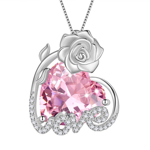 Collana da donna con rosa da 15 mm, con cuore in pietra portafortuna, in argento sterling 925, con ciondolo, regalo per ragazze