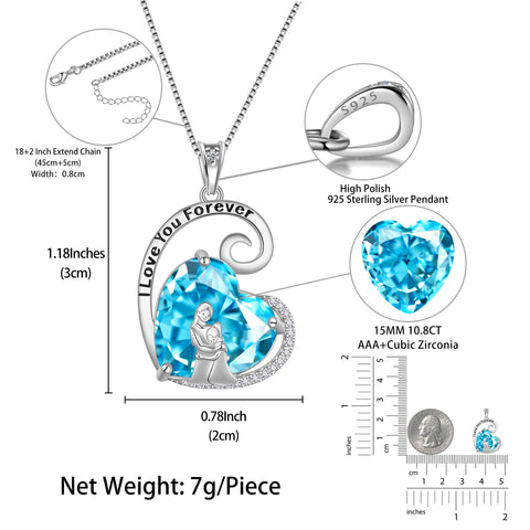 Mother Daughter Necklace 925 Sterling Silver Blue Love Heart Aquamarine March Birthstone Pendant Jewelry Women Christmas Birthday Mother's Day Gift - Aurora Tears