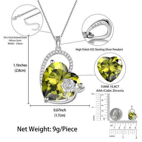 925 Sterling Silver 15MM Heart Necklace Women August Birthstone Peridot Green Jewelry Rose Flower Pendant Mother Christmas Birthday Gift - Aurora Tears