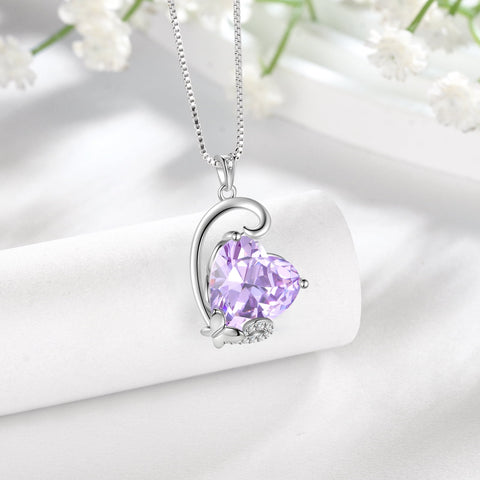 June Birthstone Heart Necklace Butterfly Pendant Alexandrite CZ 925 Sterling Silver Jewelry Mother Women Birthday Valentine's Day Gift - Aurora Tears
