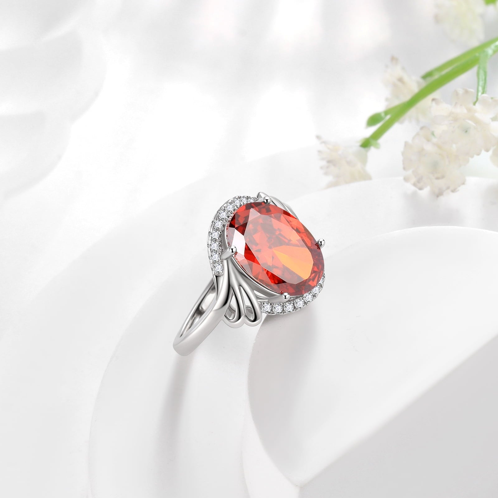 Women 8Ct Halo Oval Ring 925 Sterling Silver January Birthstone Garnet Red Band Ring Jewelry Mother Grandma Birthday Valentine Gift for Her - Aurora Tears