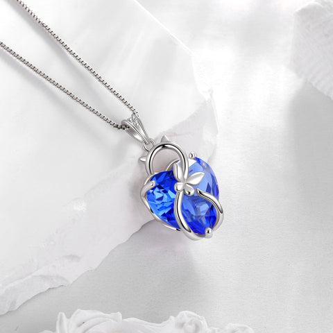 15MM Women Cat Necklace Heart December Birthstone 925 Sterling Silver Pendant Butterfly Blue Tanzanite Jewelry Christmas Birthday Mother's Day Gift - Aurora Tears