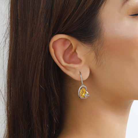 925 Sterling Silver Earrings Women Heart November Birthstone Hook Dangle Earring Citrine Yellow Rose Flower Jewelry Mother Wife Christmas Birthday Gift - Aurora Tears