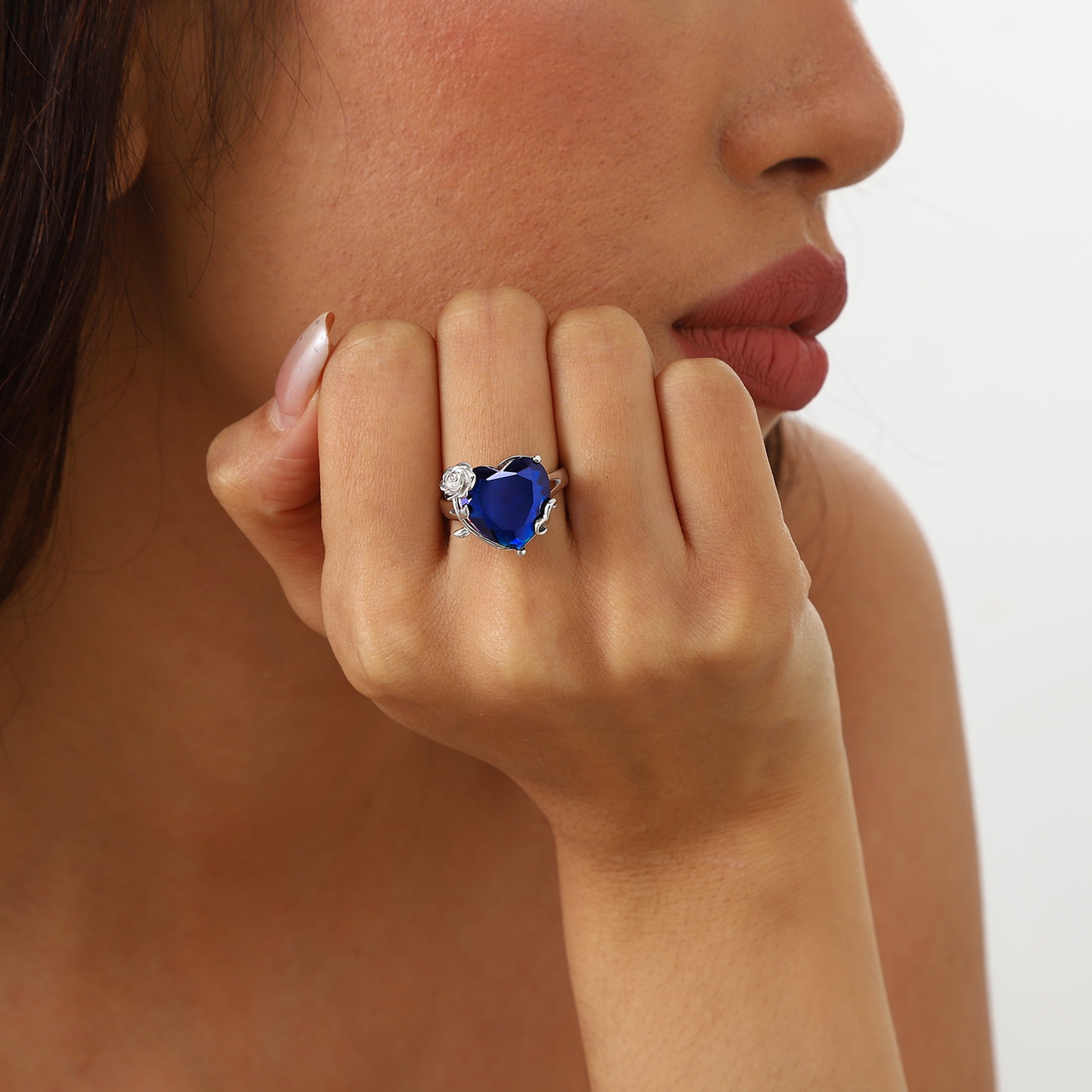 9Ct Women Heart Ring 925 Sterling Silver Rose Flower September Birthstone Sapphire Blue Solitaire Ring Jewelry Birthday Mother's Day Gift - Aurora Tears
