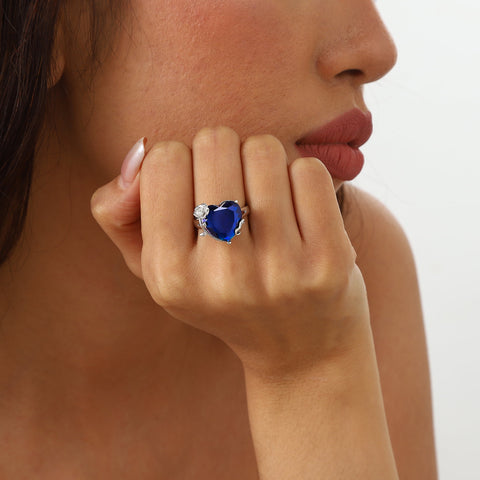 9Ct Women Heart Ring 925 Sterling Silver Rose Flower September Birthstone Sapphire Blue Solitaire Ring Jewelry Birthday Mother's Day Gift - Aurora Tears