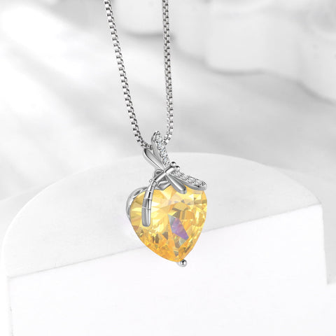 Dragonfly Necklace Heart November Birthstone Necklace Citrine 925 Sterling Silver Pendant Yellow Jewelry Women Birthday Christmas Mother's Day Gift - Aurora Tears