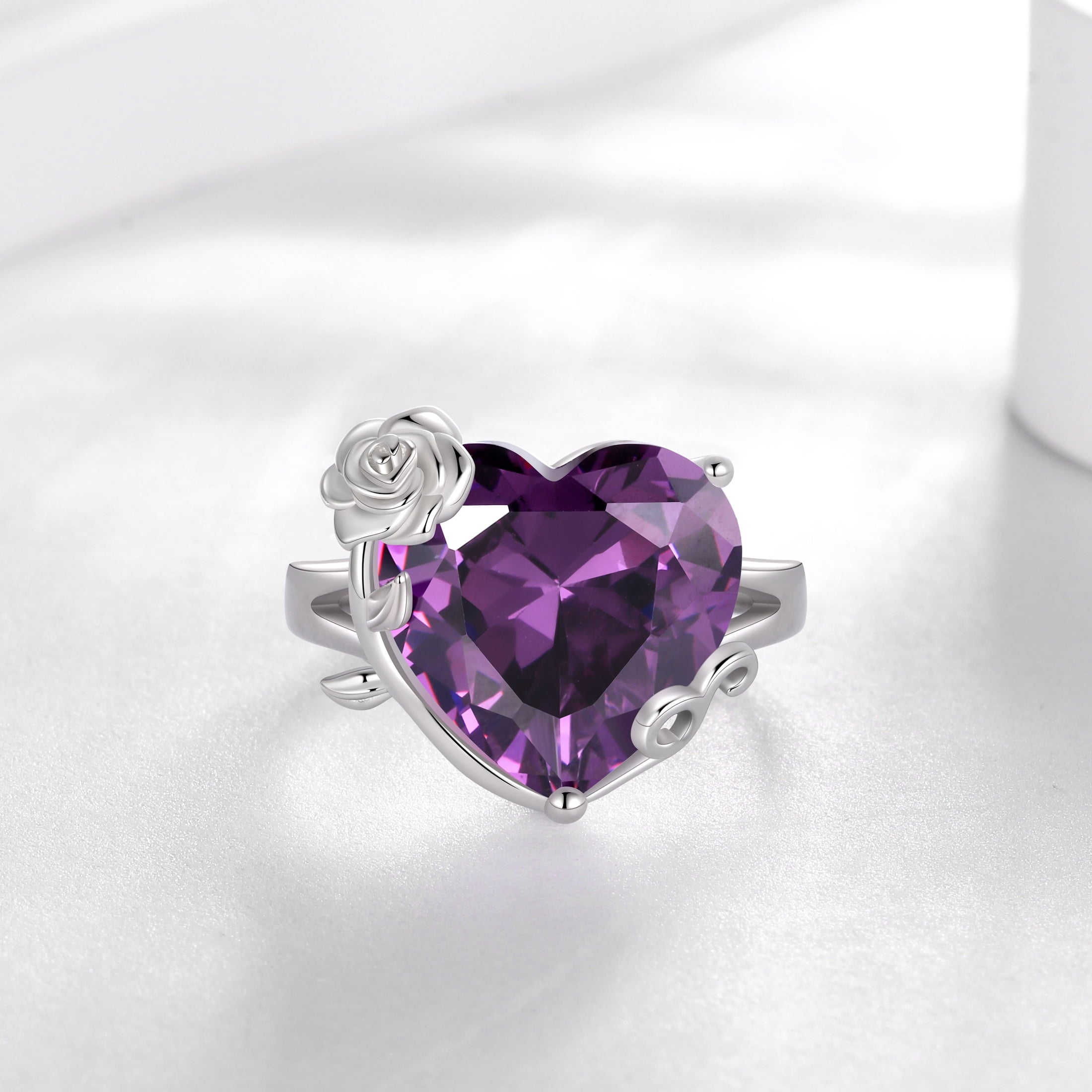 9Ct Women Heart Ring 925 Sterling Silver Rose Flower February Birthstone Amethyst Purple Solitaire Ring Jewelry Girlfriend Valentine's Day Gift - Aurora Tears