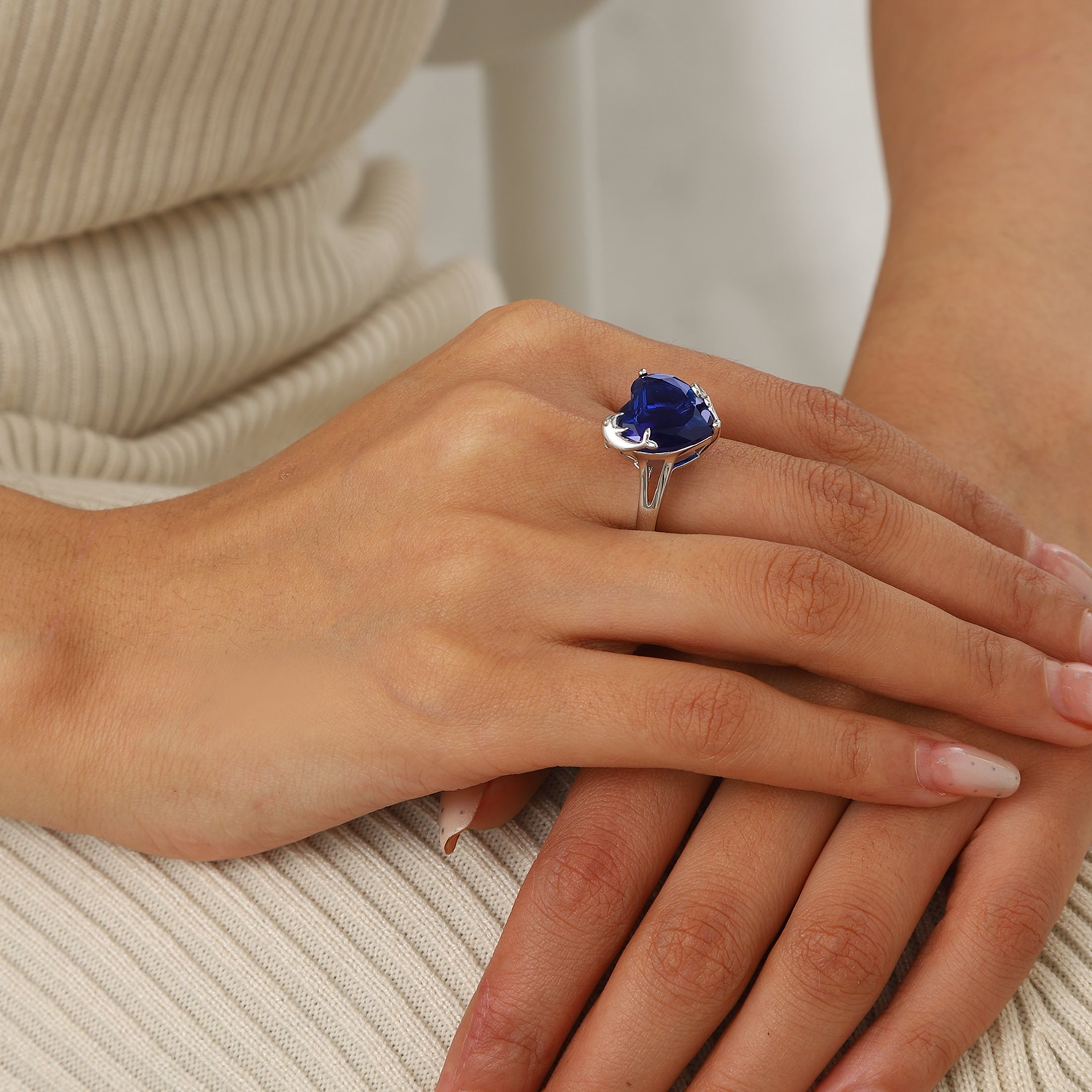 9Ct Women Heart Ring 925 Sterling Silver Dolphin September Birthstone Sapphire Blue Solitaire Ring Jewelry Birthday Mother's Day Gift - Aurora Tears