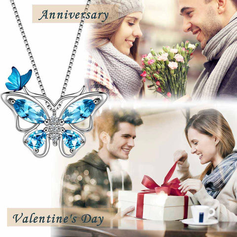 Women Butterfly Pendant Necklace 12 Birthstone CZ 925 Sterling Silver - Necklaces - Aurora Tears