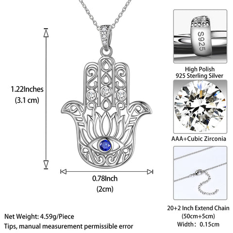 Blue Evil Eye Necklace 925 Sterling Silver Lotus Fatima Hamsa Hand Pendant Jewelry Gifts for Men Women