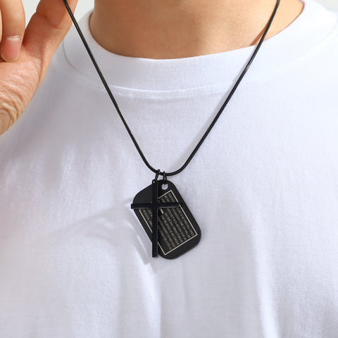 Stainless Steel Lord's Prayer Cross Dog Tag Necklace