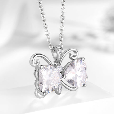 Women White Butterfly Necklace Heart April Birthstone Necklace Diamond Crystal Pendant Charm Jewelry Wife Mother Birthday Valentine's Day Gift - Aurora Tears