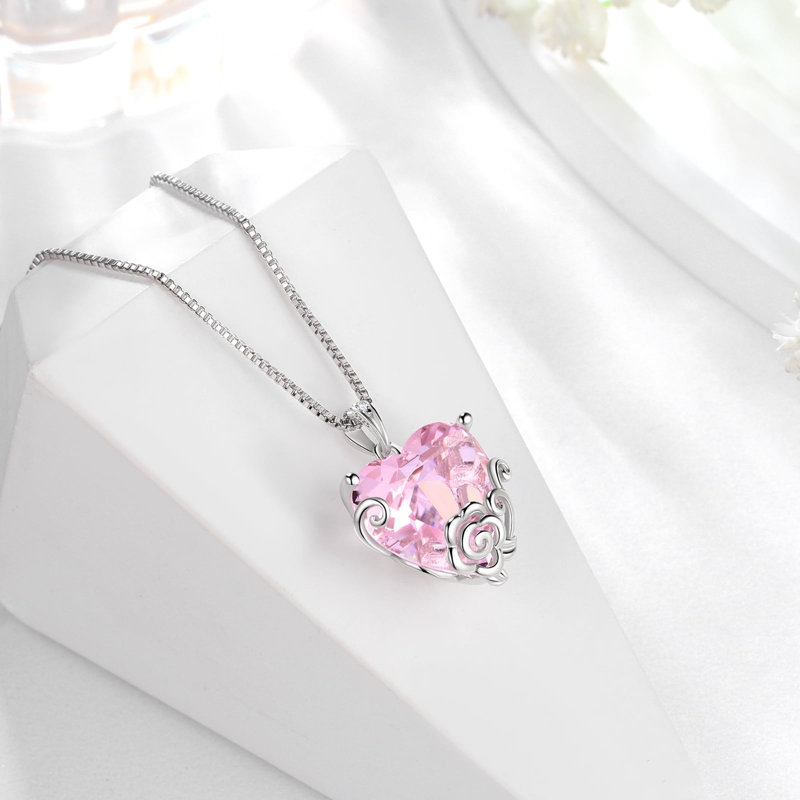Women Heart Necklace October Birthstone Tourmaline Jewelry Pink 925 Sterling Silver Rose Flower Pendant Birthday Christmas Valentine's Day Gifts - Aurora Tears
