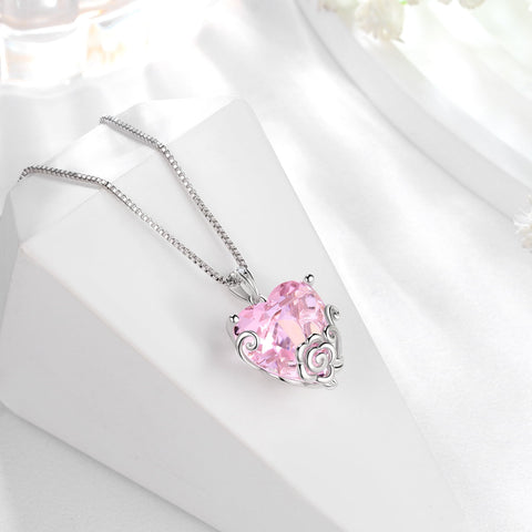 Women Heart Necklace October Birthstone Tourmaline Jewelry Pink 925 Sterling Silver Rose Flower Pendant Birthday Christmas Valentine's Day Gifts - Aurora Tears