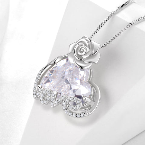 15MM Rose Heart Women Necklace April Birthstone 925 Sterling Silver Flower Love Pendant Diamond CZ Bridal Jewelry Mother Valentine's Day Gift for Wife - Aurora Tears