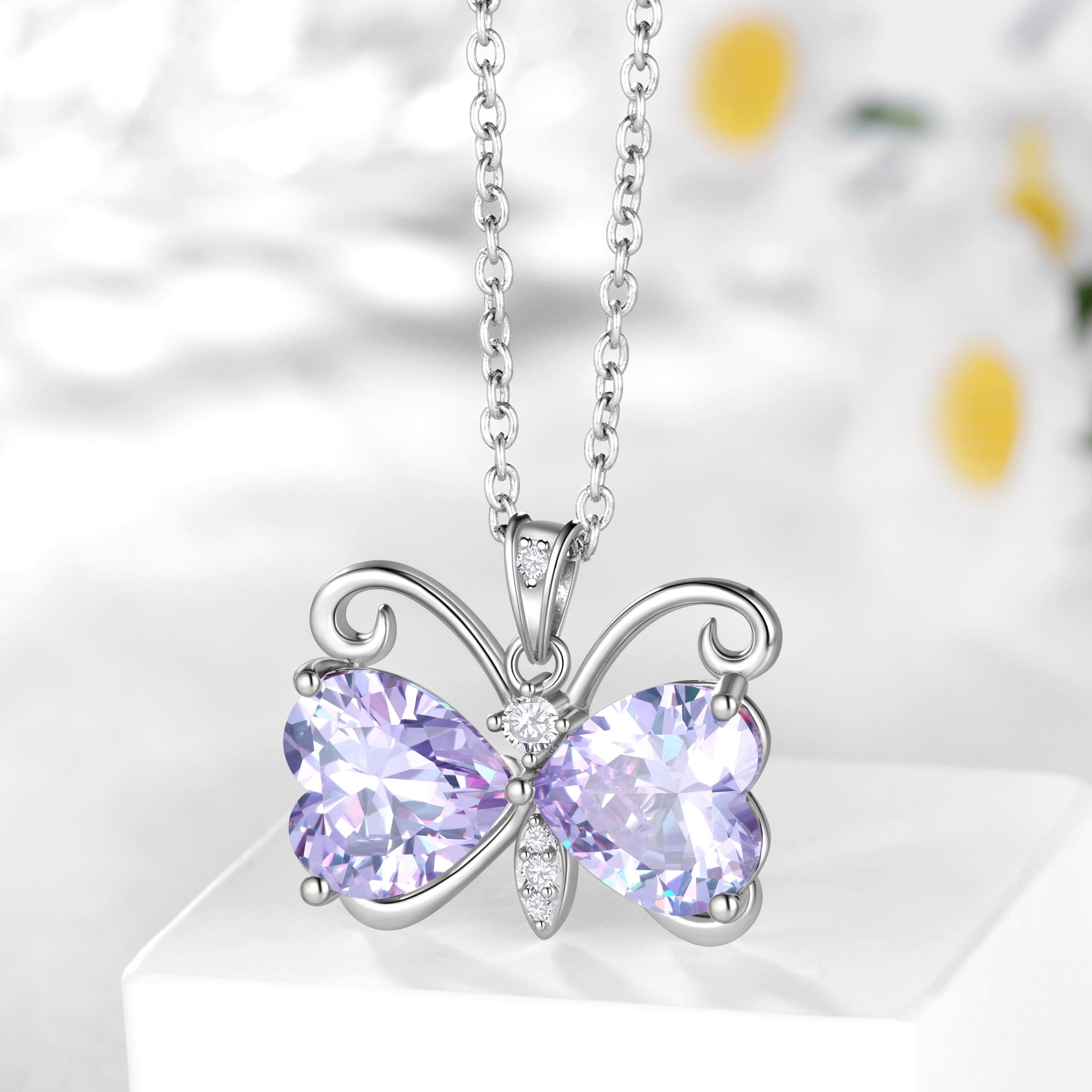 Women Purple Butterfly Necklace Heart June Birthstone Necklace Alexandrite CZ Silver Plated Pendant Jewelry Birthday Mother's Day Gift for Mom - Aurora Tears