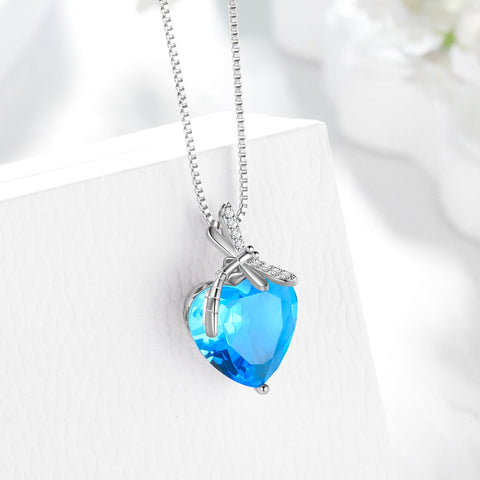 Dragonfly Necklace Heart March Birthstone Necklace Aquamarine 925 Sterling Silver Pendant Blue Jewelry Women Birthday Christmas Mother's Day Gifts - Aurora Tears