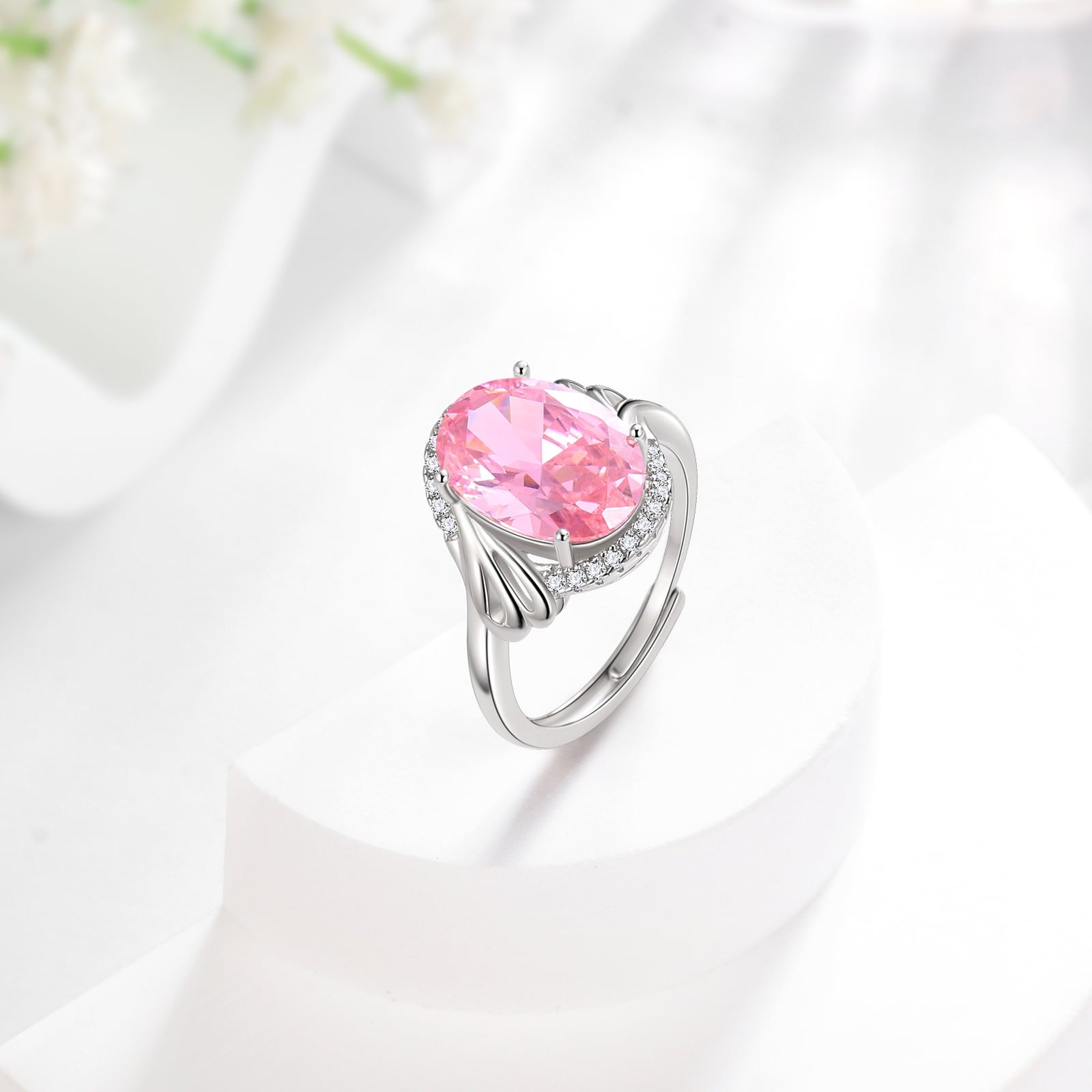 Women 8CT Oval Tourmaline Pink Ring 925 Sterling Silver Halo October Birthstone Ring Jewelry Mother Birthday Christmas Valentine's Day Gift for Her - Aurora Tears