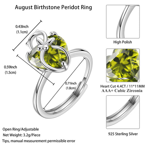 Women Heart Ring 925 Sterling Silver Cat Butterfly August Birthstone Peridot Solitaire Ring Jewelry Mom Christmas Birthday Gift - Aurora Tears