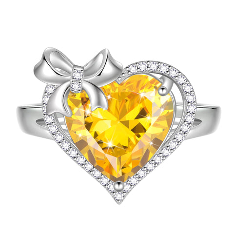 Juwaliy 6Ct Heart Women Ring Bow Kont Ribbon 925 Sterling Silver Birthstone Ring Solitaire Jewelry Mother Wife Birthday Valentine's Day Gift
