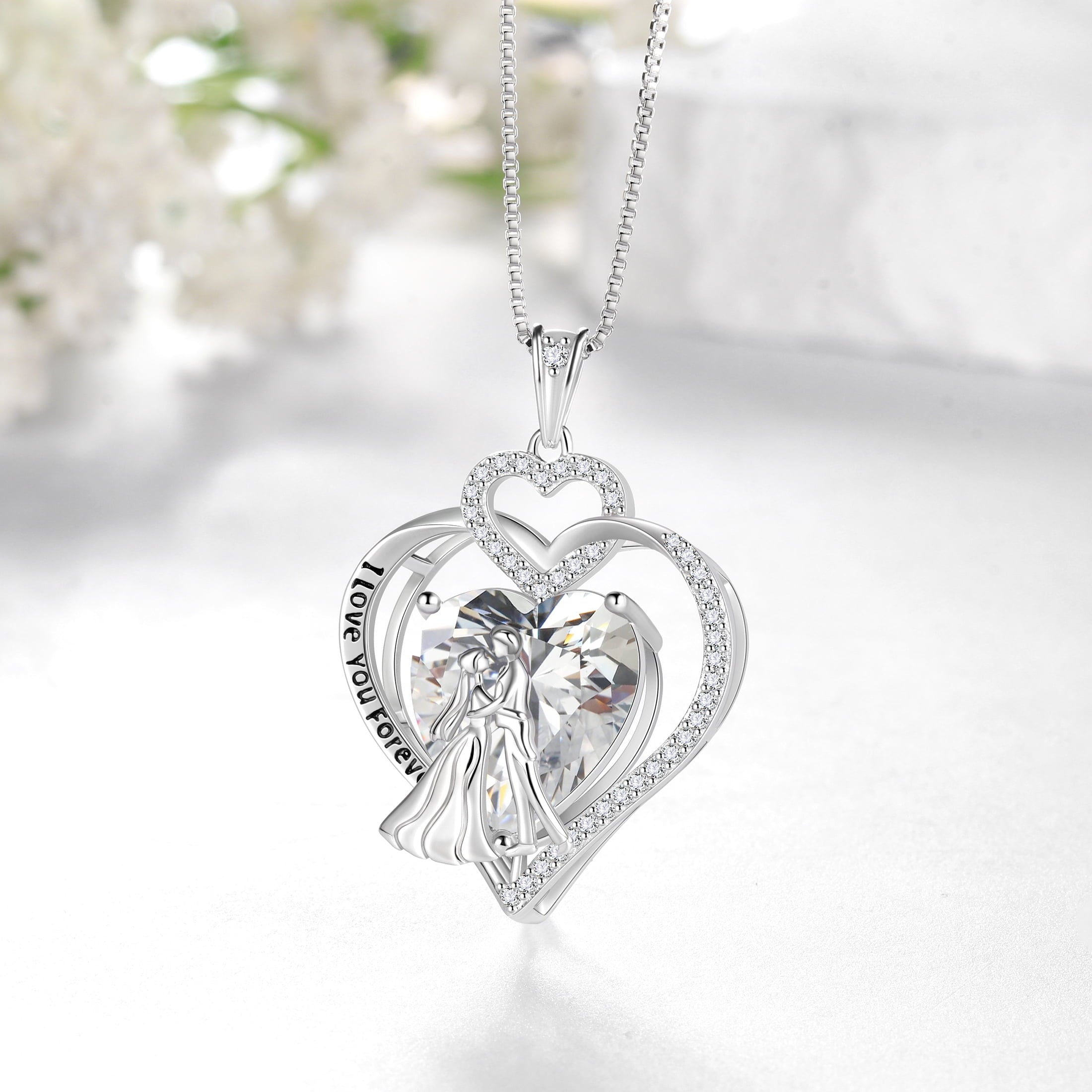 Couple Necklace for Women 925 Sterling Silver Heart April Birthstone Pendant Engraved Wedding Engagement Jewelry Valentines Day Gift for Her Wife Bride Girlfriend - Aurora Tears