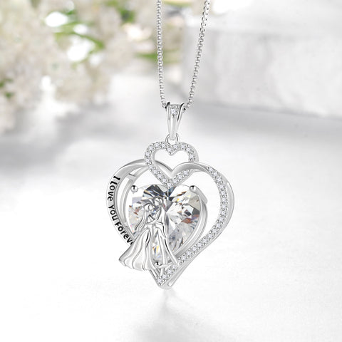 Couple Necklace for Women 925 Sterling Silver Heart April Birthstone Pendant Engraved Wedding Engagement Jewelry Valentines Day Gift for Her Wife Bride Girlfriend - Aurora Tears