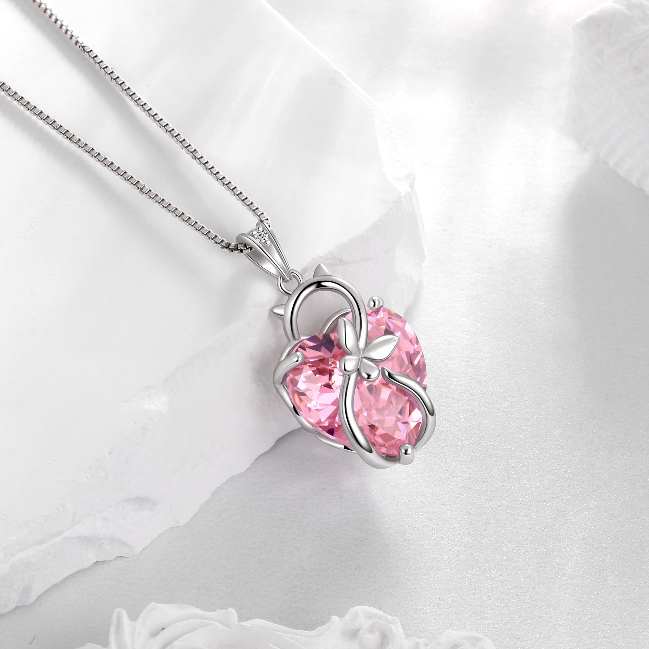 15MM Women Cat Necklace Heart October Birthstone 925 Sterling Silver Pendant Pink Tourmaline Butterfly Jewelry Mother Birthday Valentine's Day Gift - Aurora Tears