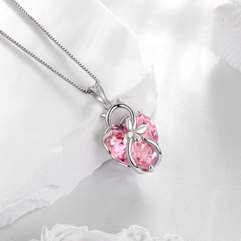 15MM Women Cat Necklace Heart October Birthstone 925 Sterling Silver Pendant Pink Tourmaline Butterfly Jewelry Mother Birthday Valentine's Day Gift - Aurora Tears