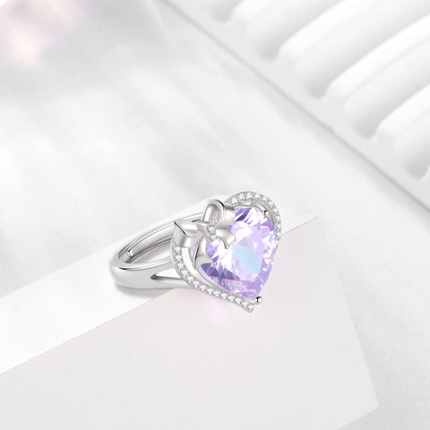 6Ct Heart Women Ring Bow Kont Ribbon 925 Sterling Silver June Birthstone Alexandrite Adjustable Ring Solitaire Jewelry Mother Valentines Birthday Gift - Aurora Tears