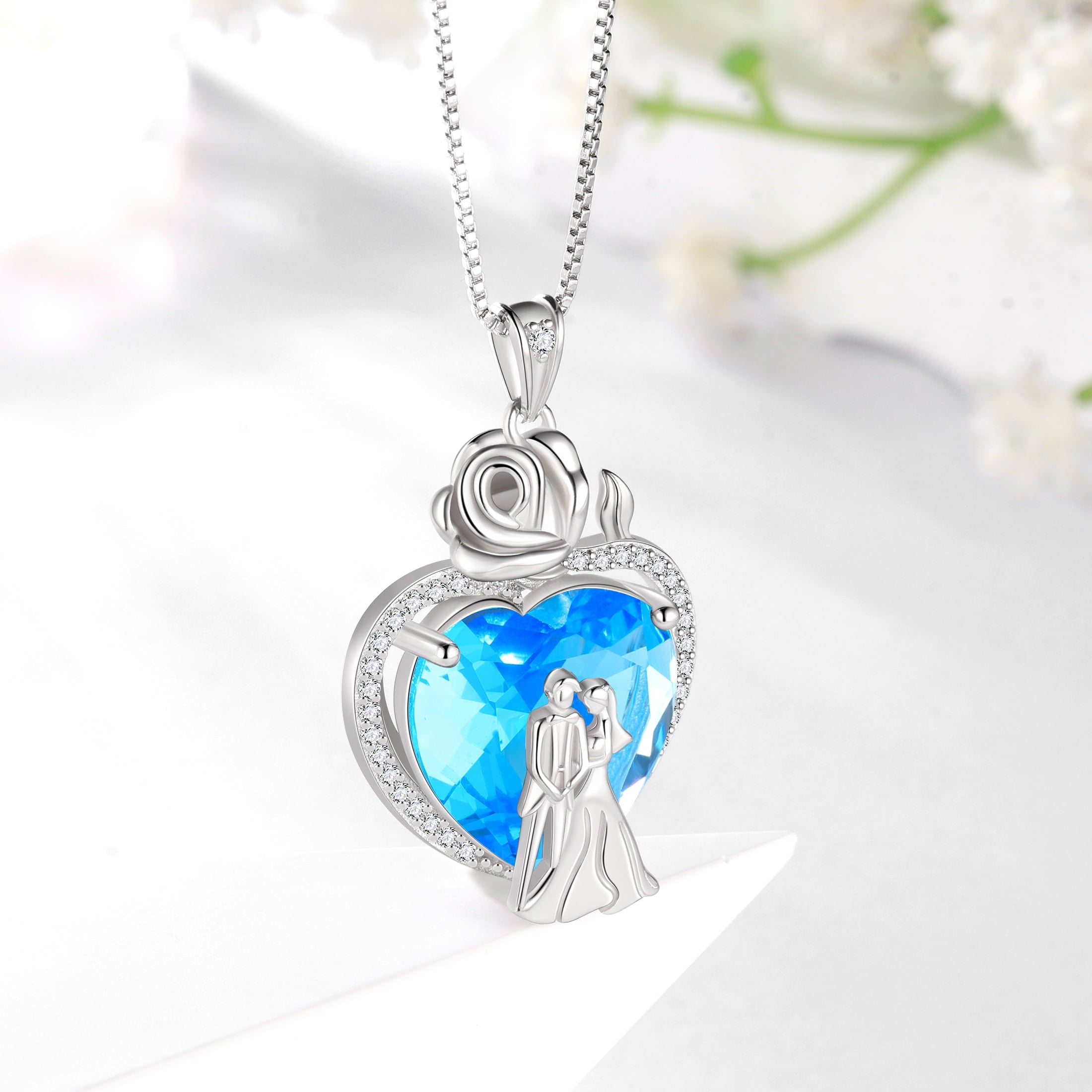 Couple Necklace for Women 925 Sterling Silver 15MM Heart March Birthstone Rose Flower Pendant Wedding Engagement Jewelry Valentine's Day Gifts for Wife Bride Her - Aurora Tears
