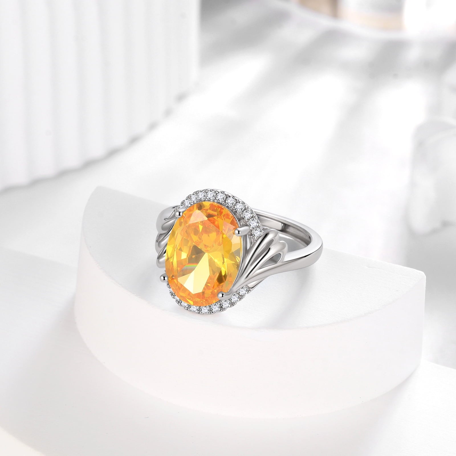 925 Sterling Silver Ring Women 8Ct Halo Oval November Birthstone Ring Citrine Yellow Jewelry Christmas Birthday Mother Day Gift for Grandma - Aurora Tears