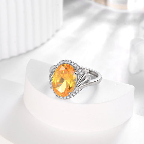 925 Sterling Silver Ring Women 8Ct Halo Oval November Birthstone Ring Citrine Yellow Jewelry Christmas Birthday Mother Day Gift for Grandma - Aurora Tears