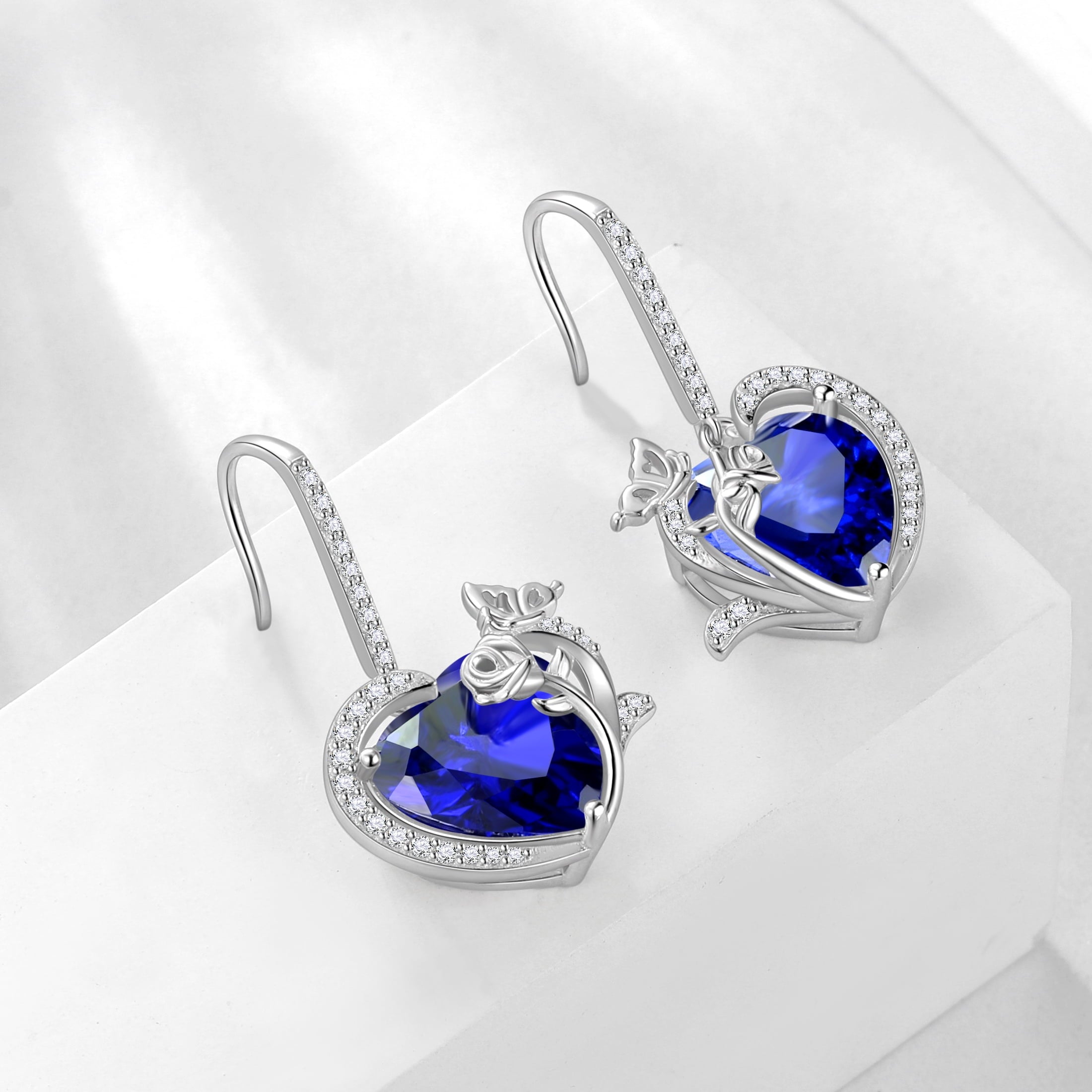 Women September Birthstone Drop Earrings Heart Blue Sapphire Butterfly Flower Jewelry 925 Sterling Silver Hook Earring Mother's Day Gift - Aurora Tears
