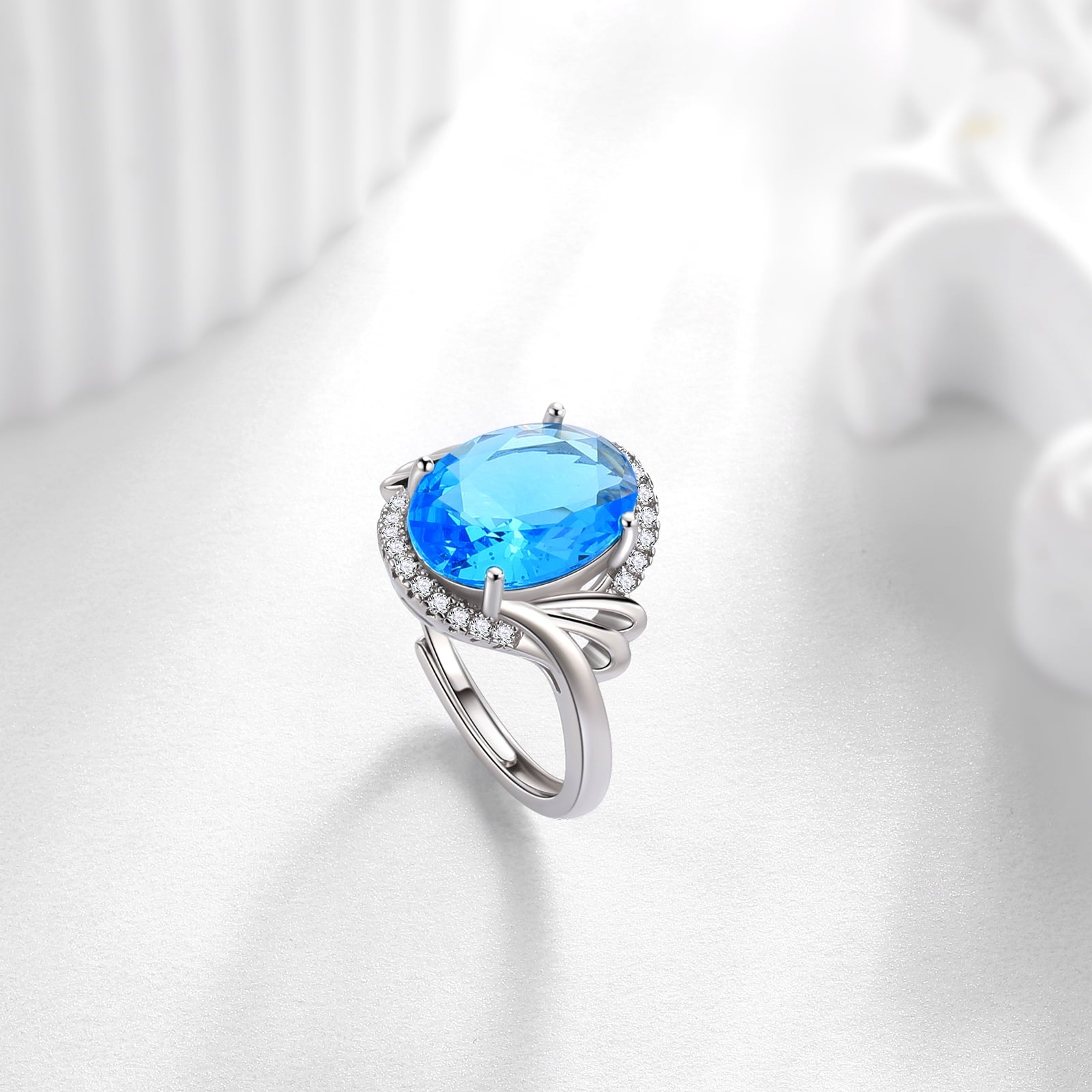 Women 8Ct Blue Aquamarine Ring 925 Sterling Silver Halo Oval March Birthstone Ring Jewelry Mom Birthday Christmas Mother's Day Gift - Aurora Tears