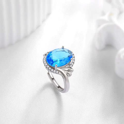 Women 8Ct Blue Aquamarine Ring 925 Sterling Silver Halo Oval March Birthstone Ring Jewelry Mom Birthday Christmas Mother's Day Gift - Aurora Tears