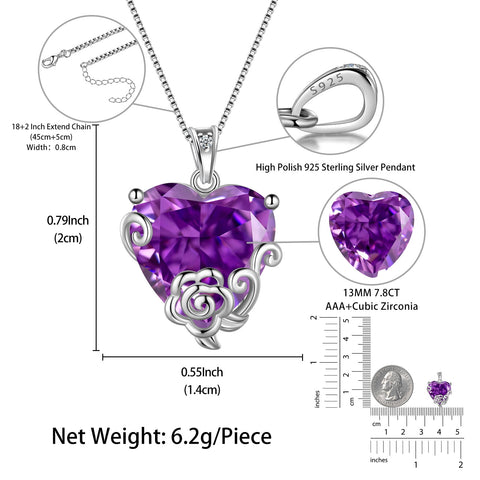 Women Heart Necklace February Birthstone Amethyst Jewelry Sterling Silver Purple CZ Flower Pendant Mother Birthday Christmas Valentine's Day Gifts - Aurora Tears