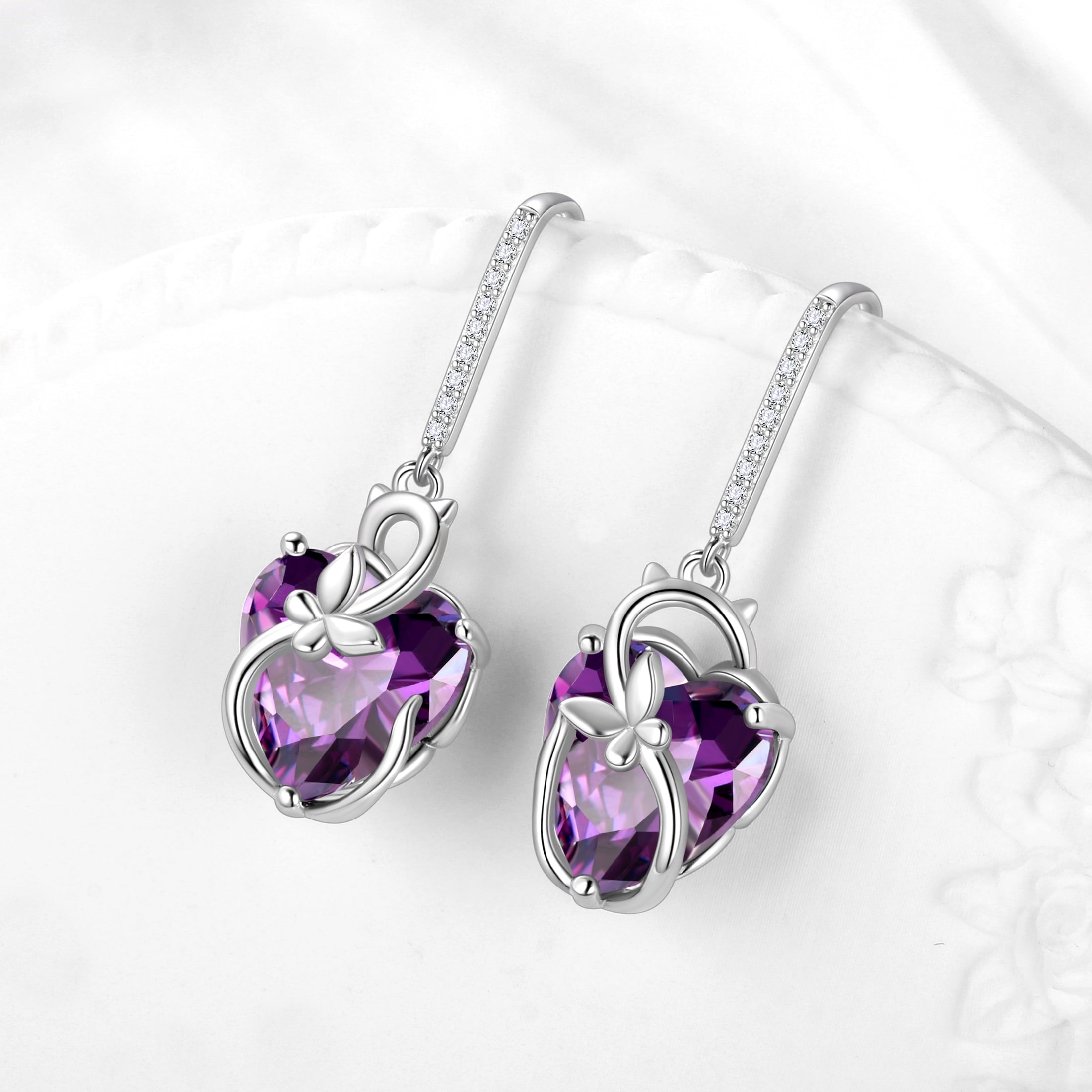 Cat Butterfly Earrings for Women 925 Sterling Silver Earrings Dangle Drop Hook Purple Heart Amethyst February Birthstone Jewelry Mother Christmas Birthday Valentine's Day Gifts for Wife - Aurora Tears