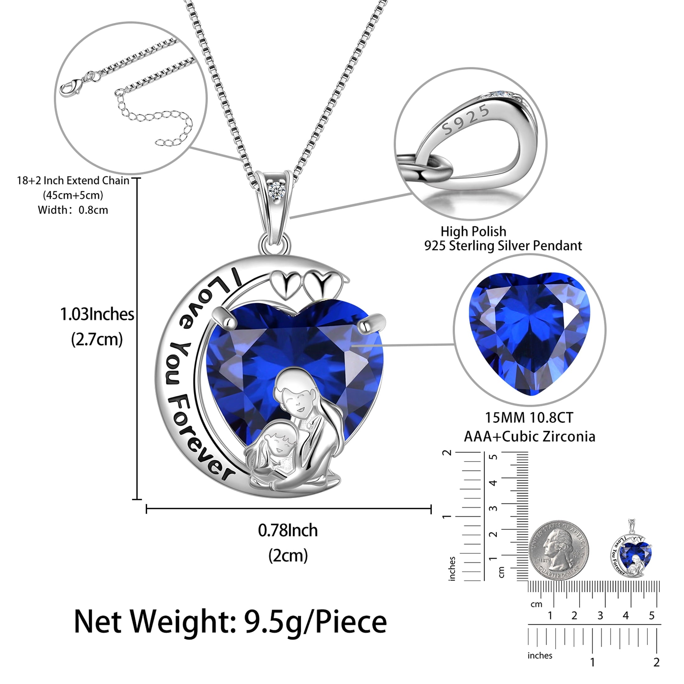 Moon Heart Mother and Daughter Necklace 925 Sterling Silver Blue Sapphire September Birthstone Pendant Jewelry Women Birthday Christmas Mothers Day Gift - Aurora Tears