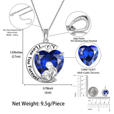 Moon Heart Mother and Daughter Necklace 925 Sterling Silver Blue Sapphire September Birthstone Pendant Jewelry Women Birthday Christmas Mothers Day Gift - Aurora Tears