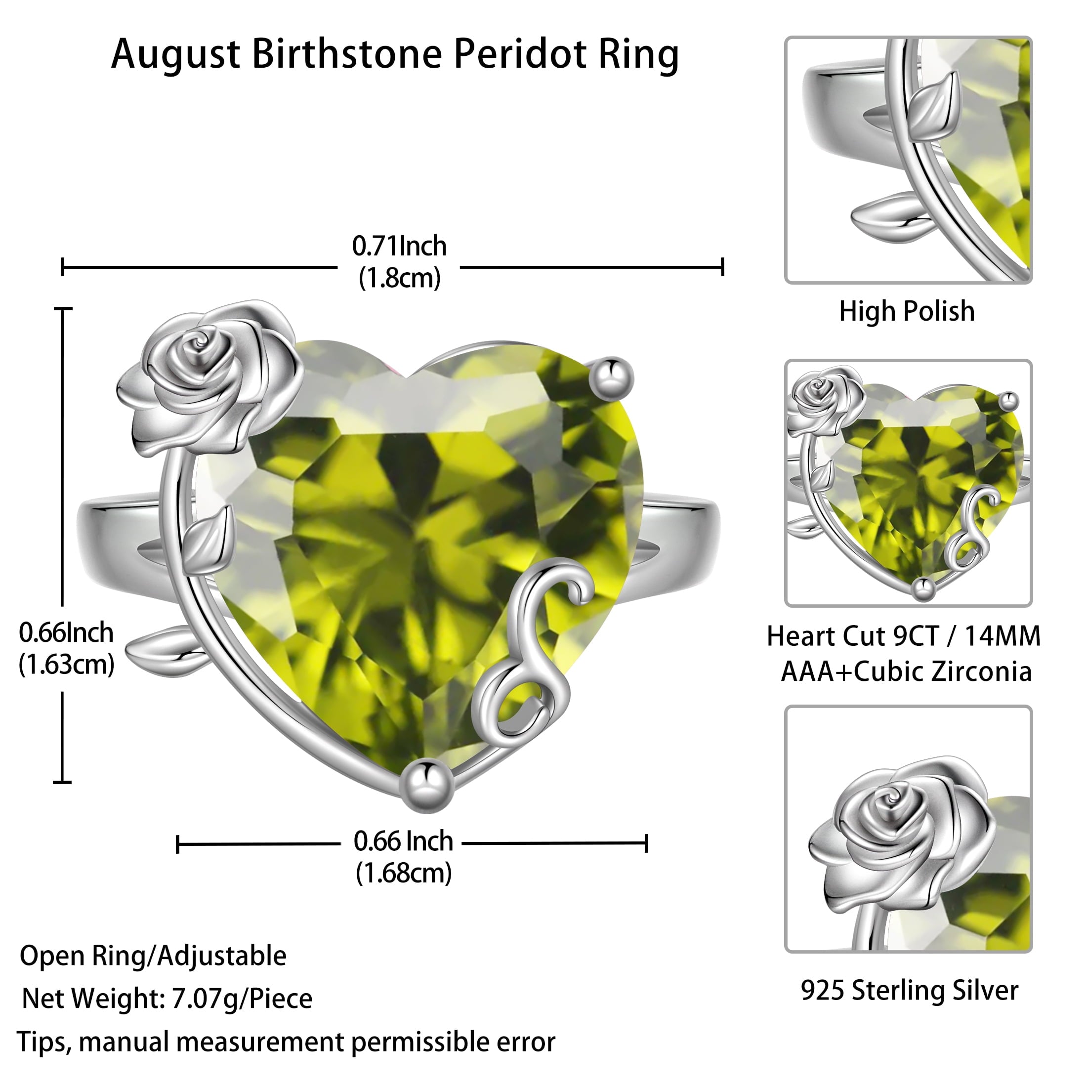 9Ct Women Heart Ring 925 Sterling Silver Rose Flower August Birthstone Peridot Solitaire Ring Jewelry Mom Christmas Birthday Gift - Aurora Tears