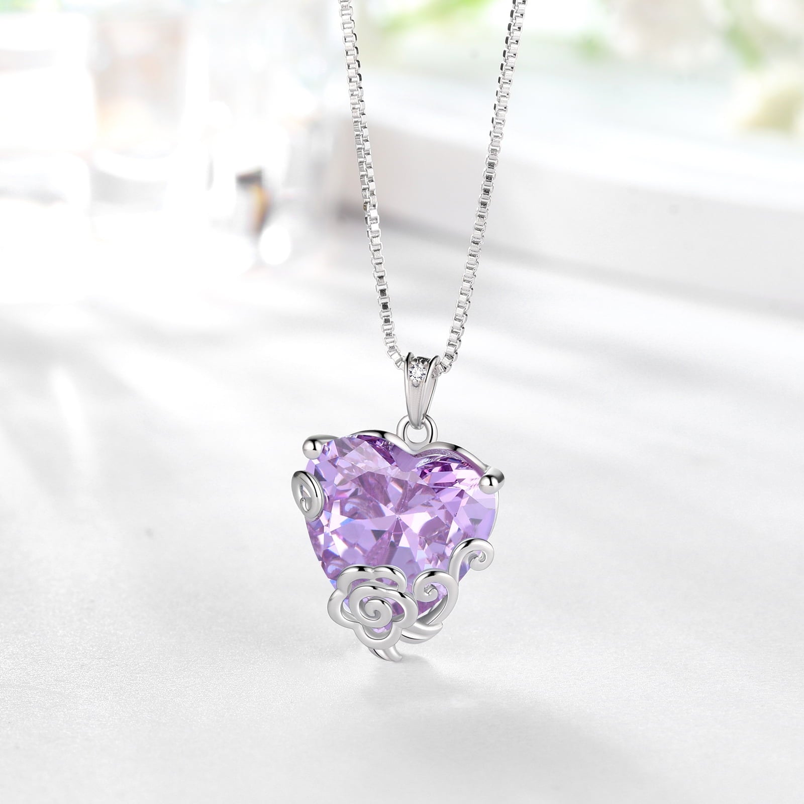 Women Heart Necklace June Birthstone Alexandrite Jewelry 925 Sterling Silver Flower Rose Pendant Mom Birthday Mother's Day Gift - Aurora Tears