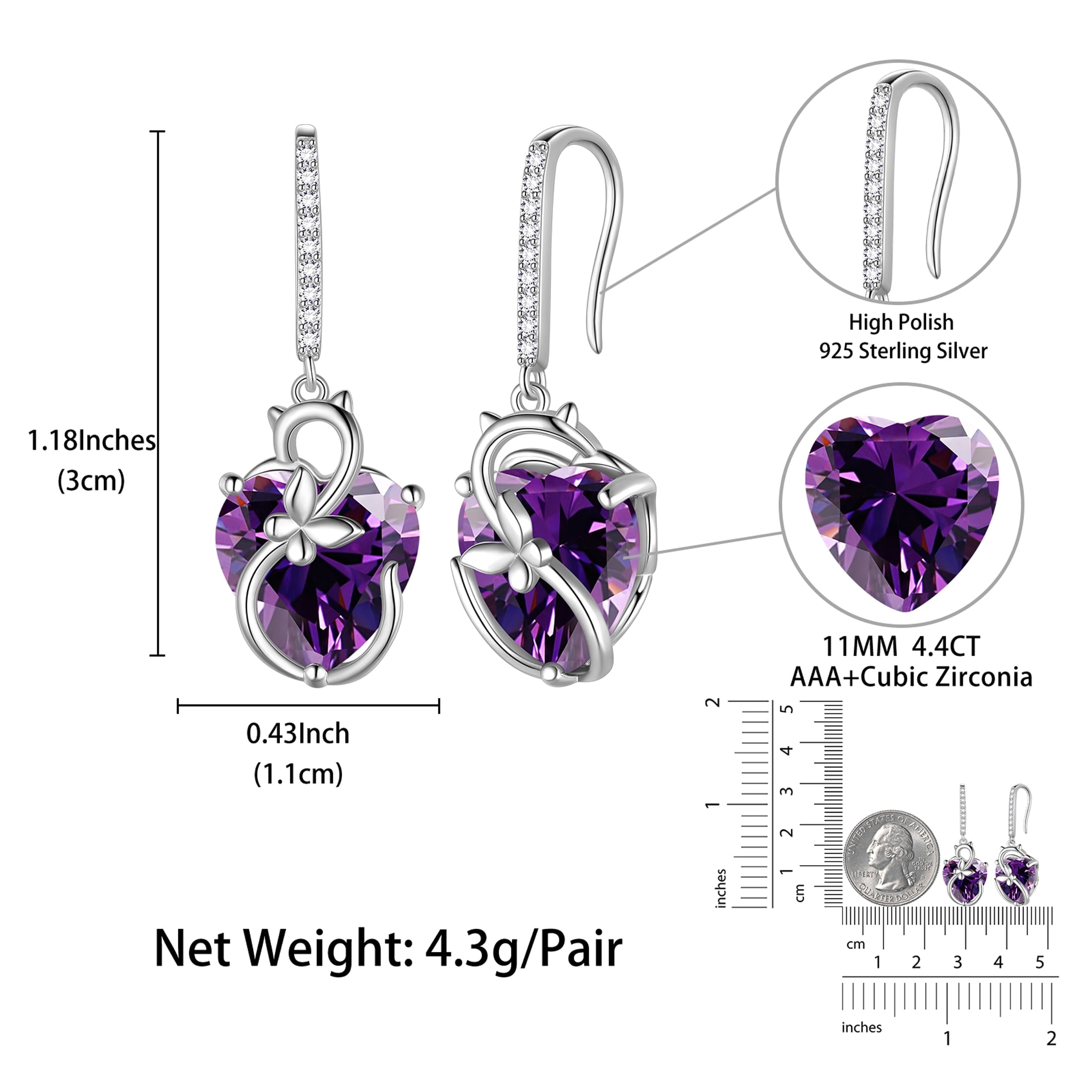 Cat Butterfly Earrings for Women 925 Sterling Silver Earrings Dangle Drop Hook Purple Heart Amethyst February Birthstone Jewelry Mother Christmas Birthday Valentine's Day Gifts for Wife - Aurora Tears